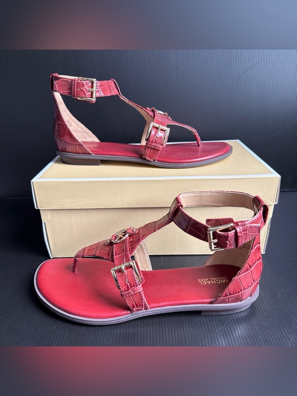 NIB Michael Kors Preston Flat Sandal Brandy Embossed Leather Shoe Womens Size 10